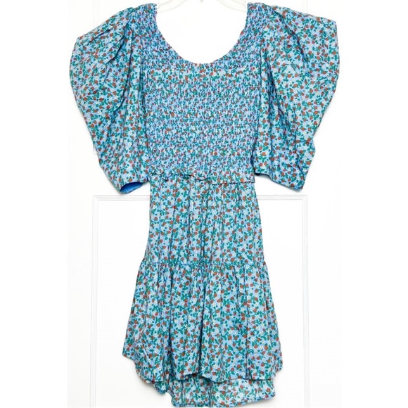 (Sold) SEA Liberty Strawberry Floral Puff Sleeve Smocked Tie Back Tiered Ruffle - Picture 9 of 13